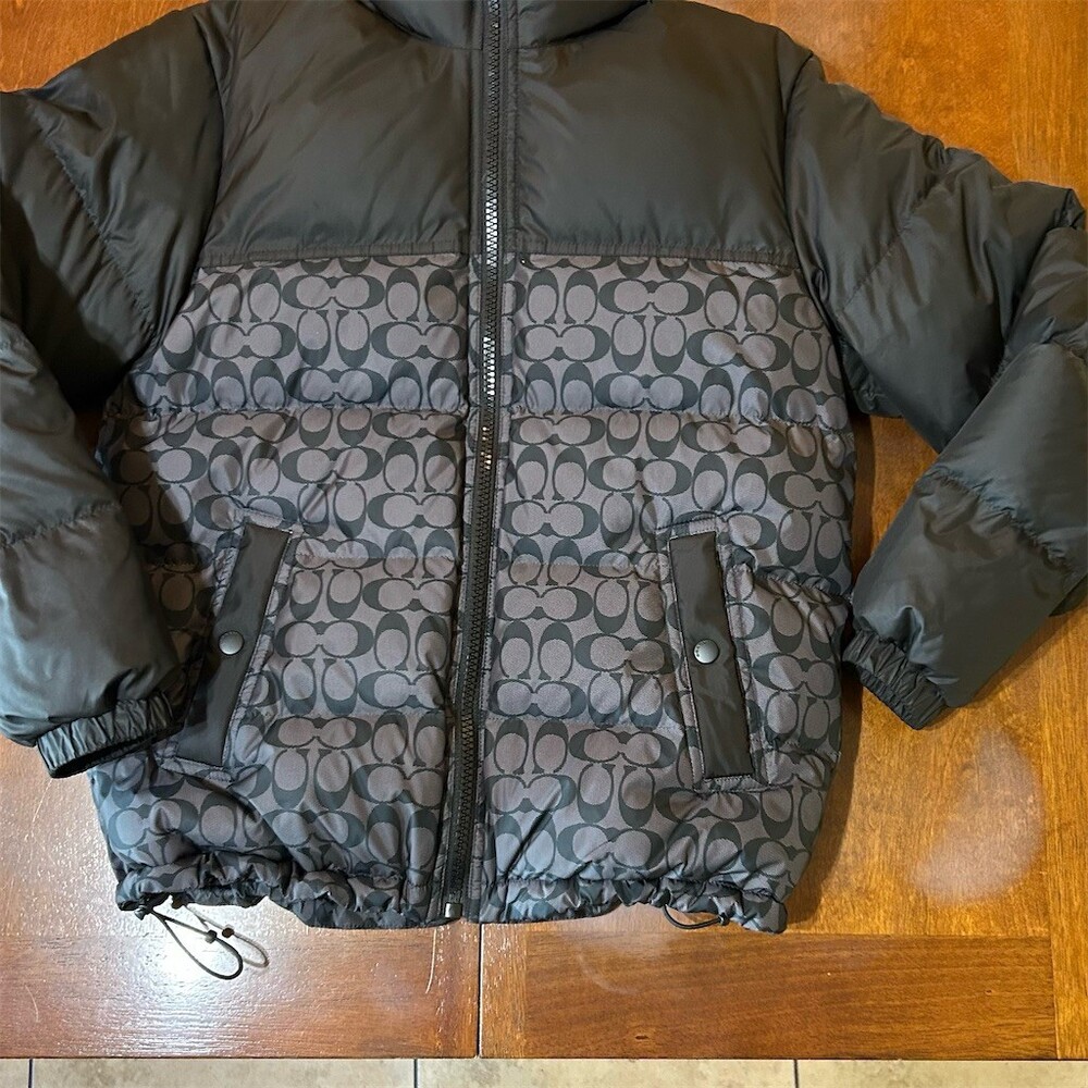 Coach Puffer Jacket Men's XS Black Gray Signature Logo Full Zip 750 Fill